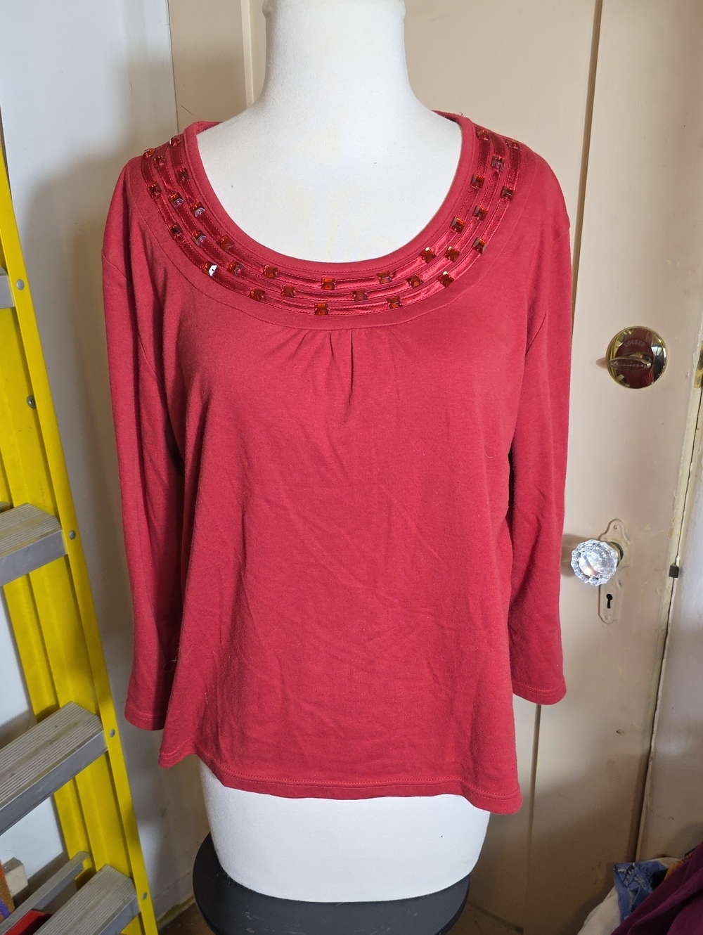 Classic Elements Red Scoop Neck Long Sleeve Top with Bead Trim